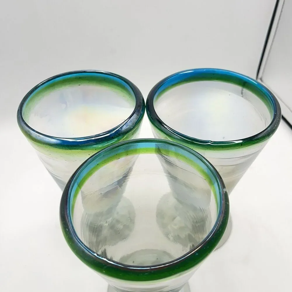 Three Hand Blown Stemware V-Shaped Glasses All Iridescent Green & Blue Band